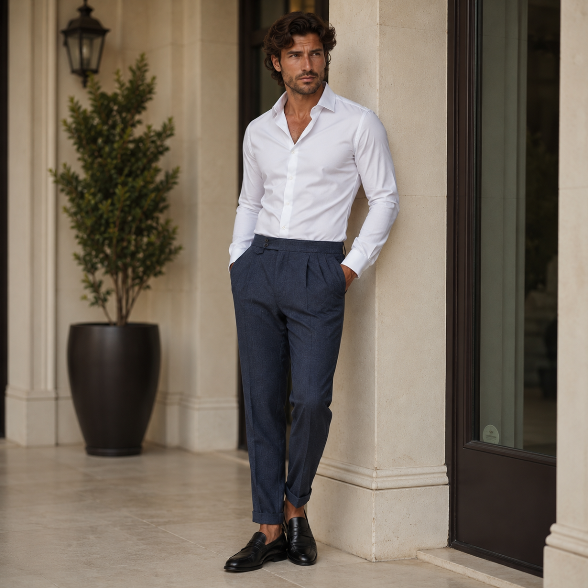 Men's high-waisted pleated dress pants in dark blue, cuffed hems and belt loops