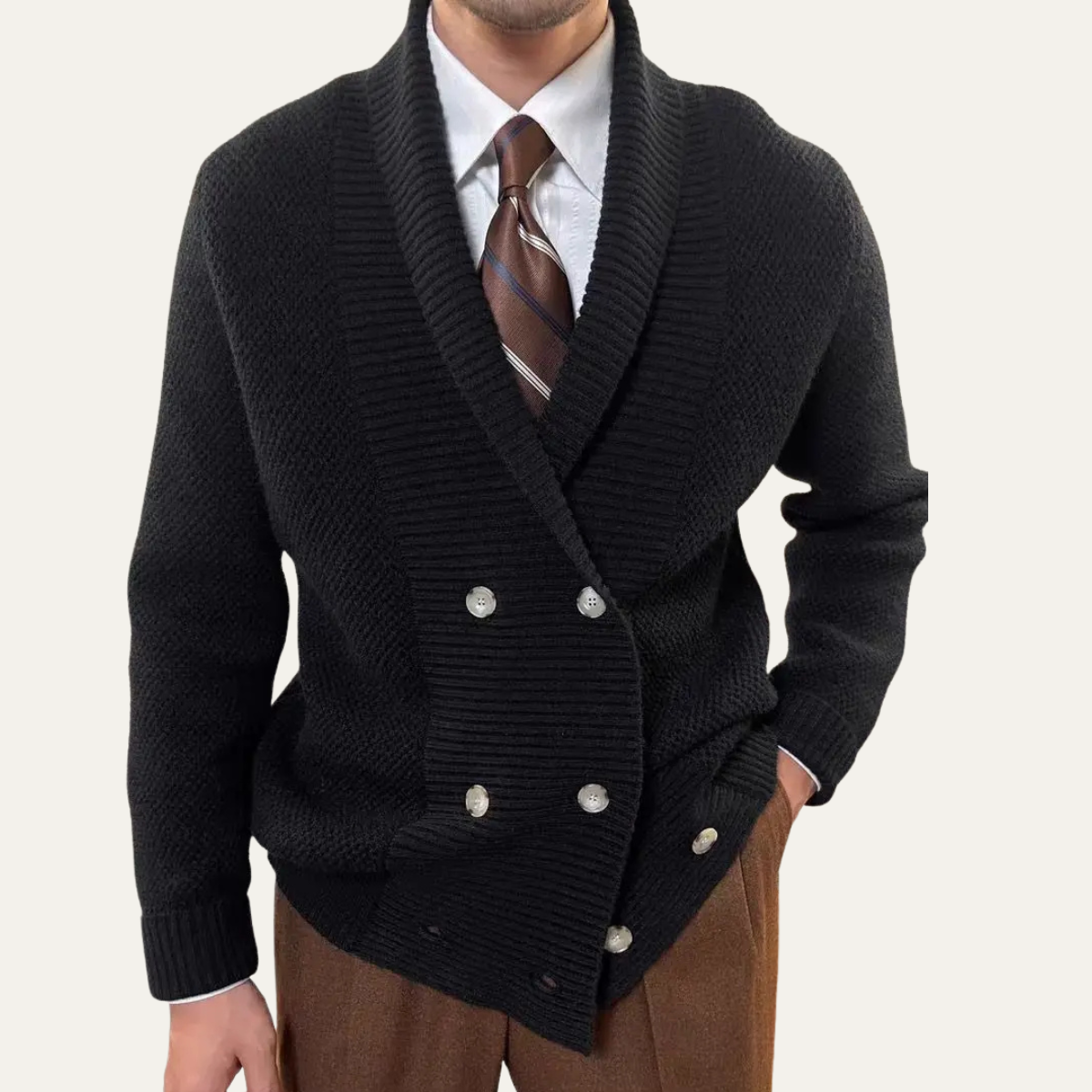 Black chunky knit double-breasted cardigan with shawl collar and ribbed cuffs