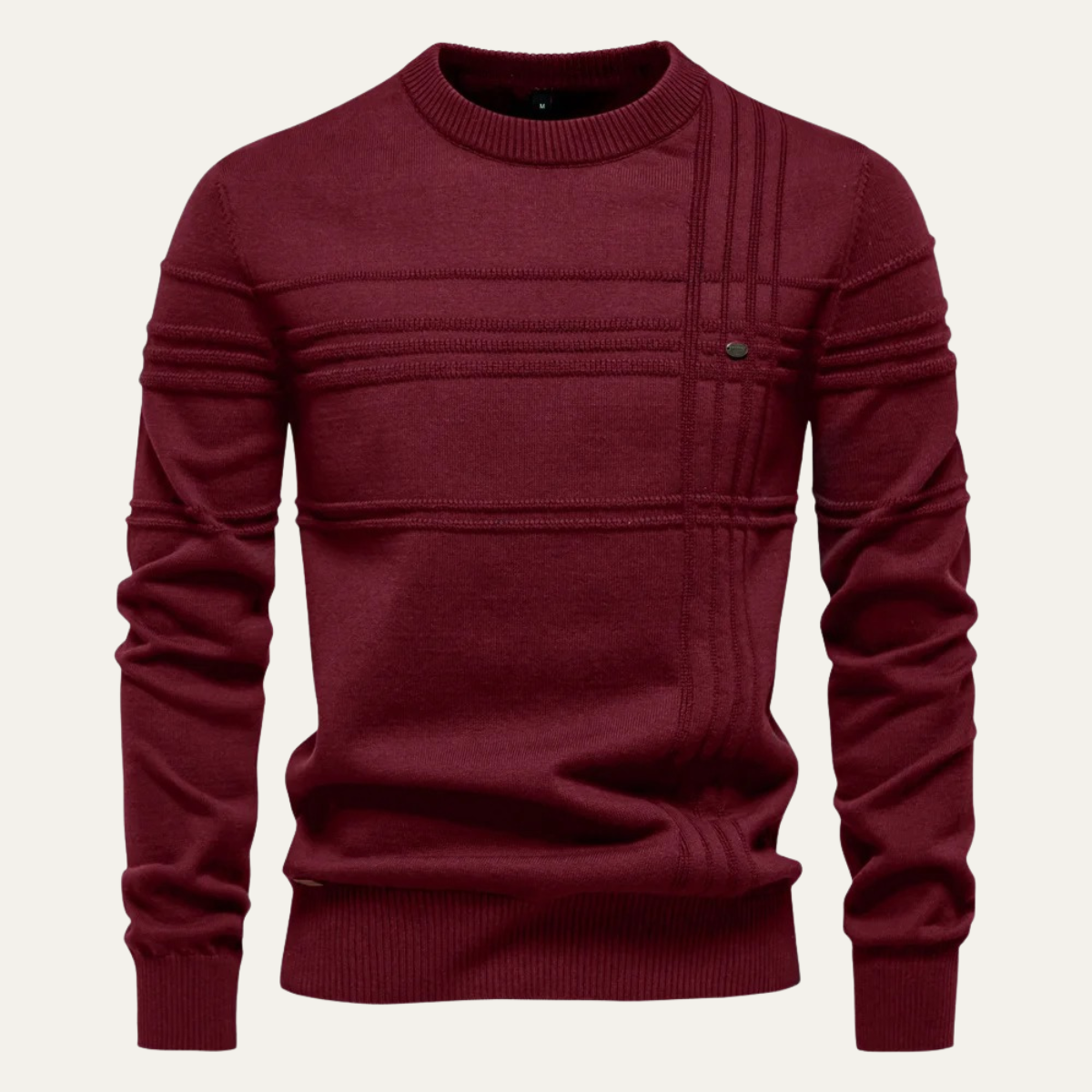 Men's crew neck knit sweater in wine red with long sleeves