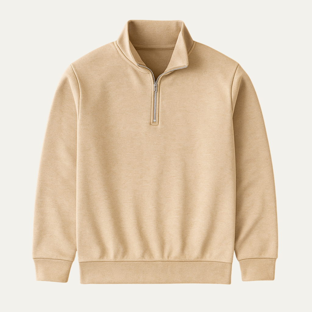 Beige men's half-zip knitted sweater, ribbed cuffs and hem