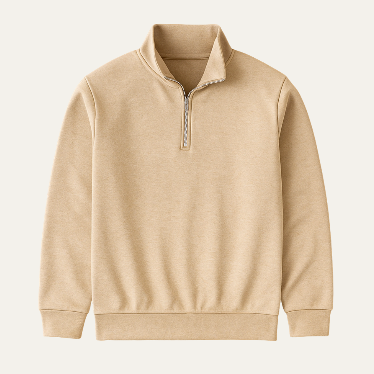 Beige men's half-zip knitted sweater, ribbed cuffs and hem