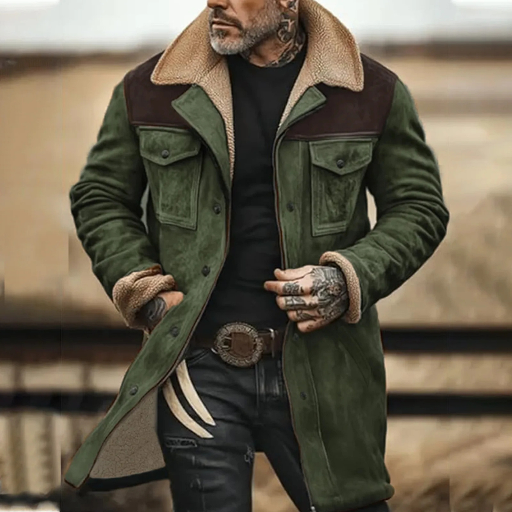 Suede sherpa-lined jacket in olive green with brown collar and chest pockets