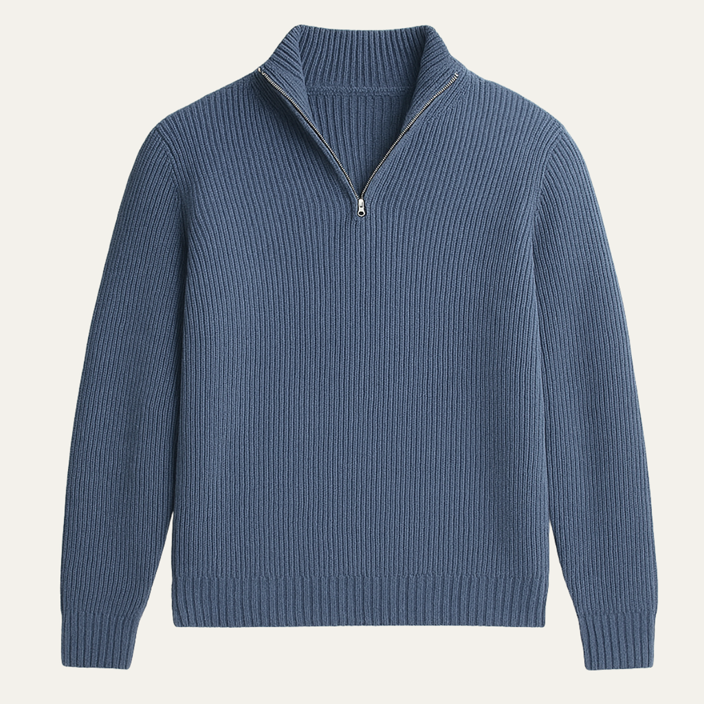 Men's cashmere half-zip sweater, navy blue ribbed knit, mock collar