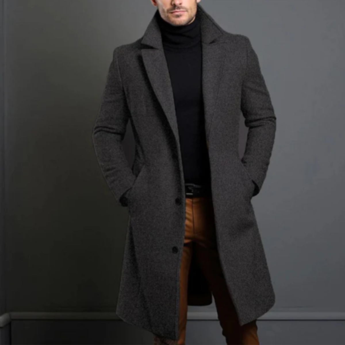 Men's gray wool overcoat worn, notched lapels and button front