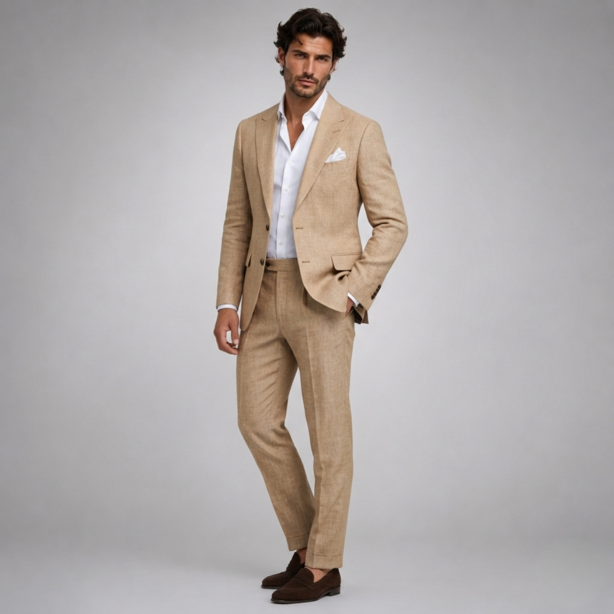 Tan linen slim-fit suit blazer and pants on model with white pocket square