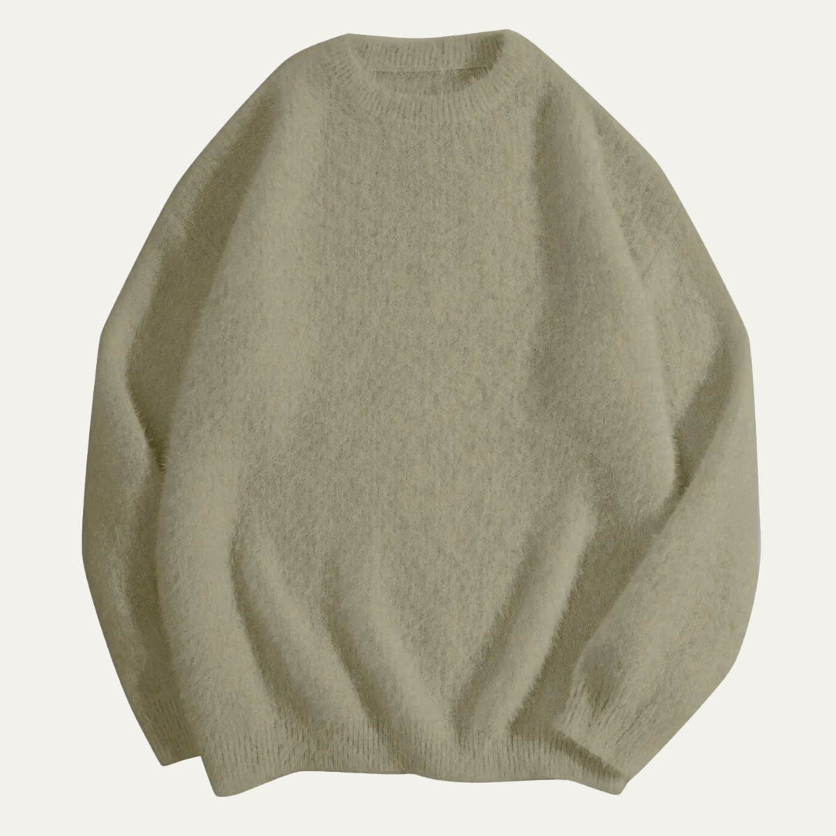 Olive green crewneck cashmere sweater with ribbed hem and cuffs