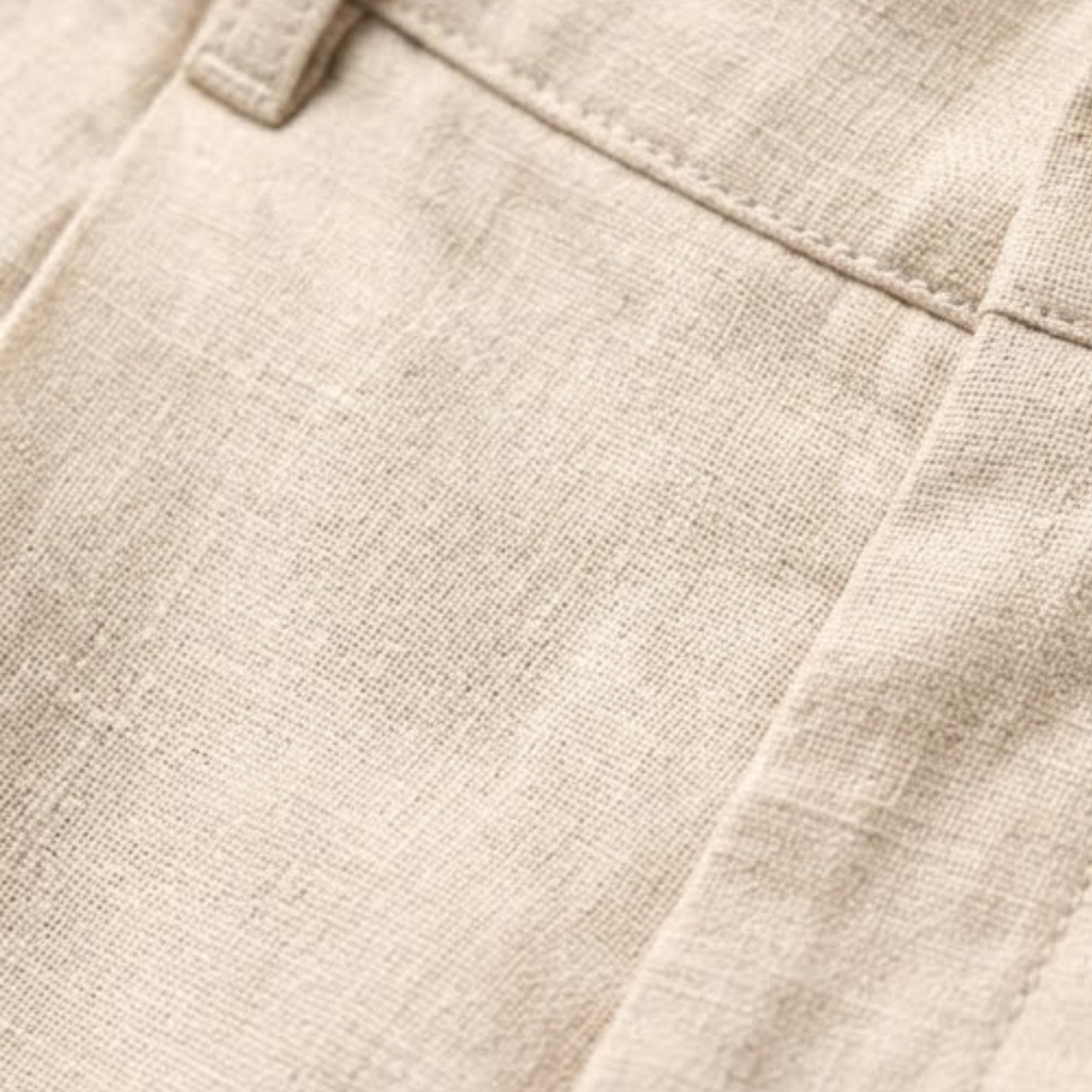 Light beige linen dress pants fabric close-up with stitched seam and waistband edge.