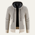 Cream textured zip-up hoodie with hood and fleece lining, front zipper and kangaroo pocket