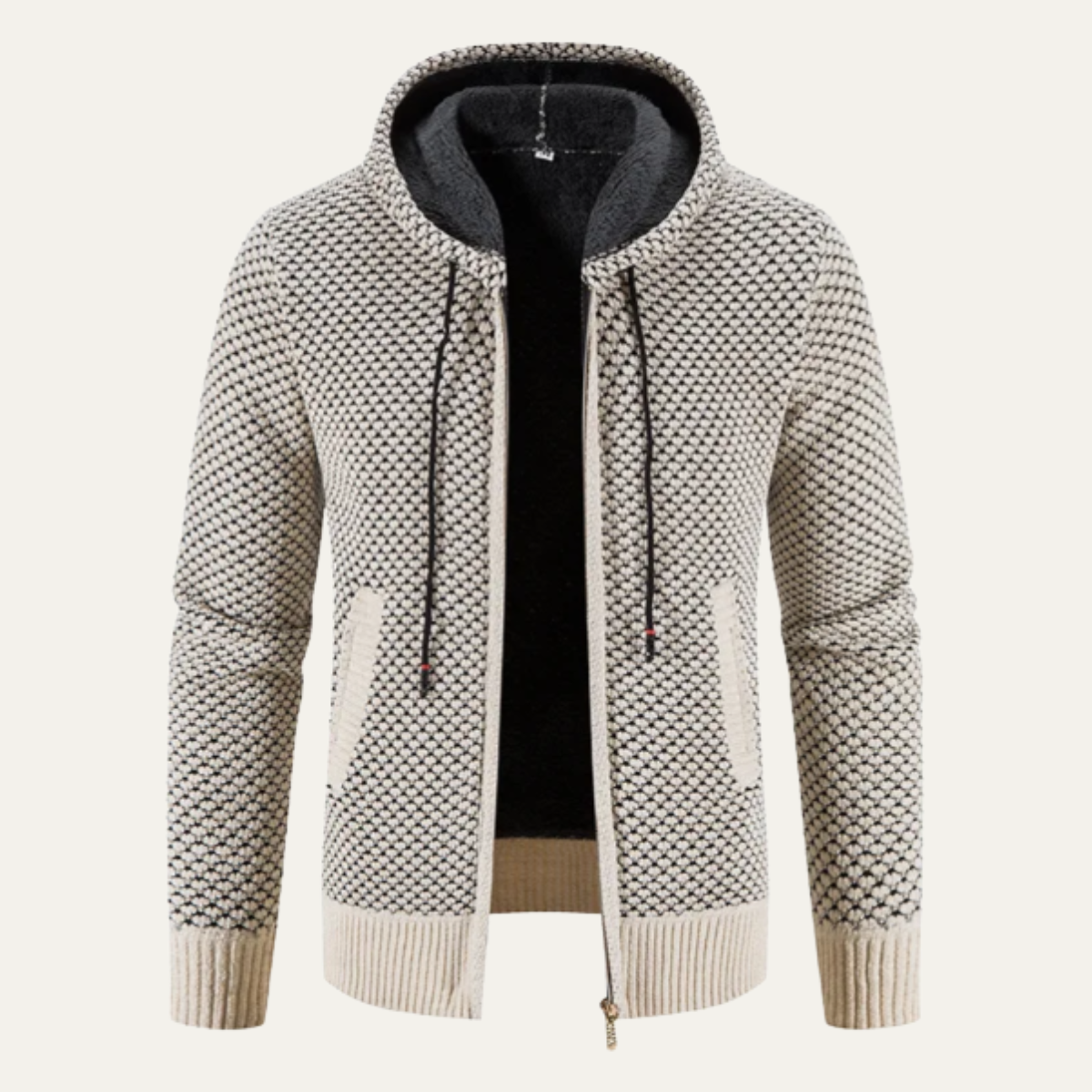 Cream textured zip-up hoodie with hood and fleece lining, front zipper and kangaroo pocket