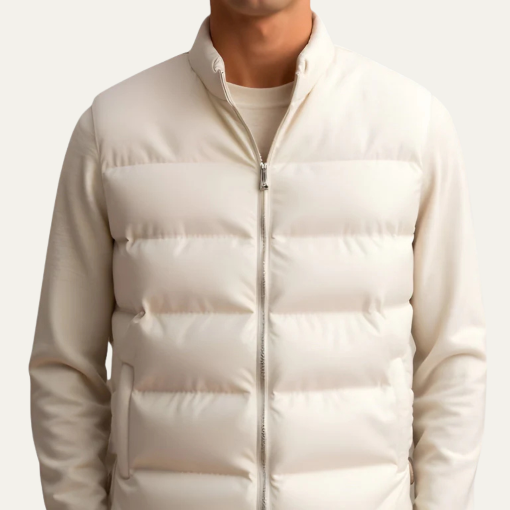 Beige lightweight down puffer vest, stand collar and zip-front quilted design