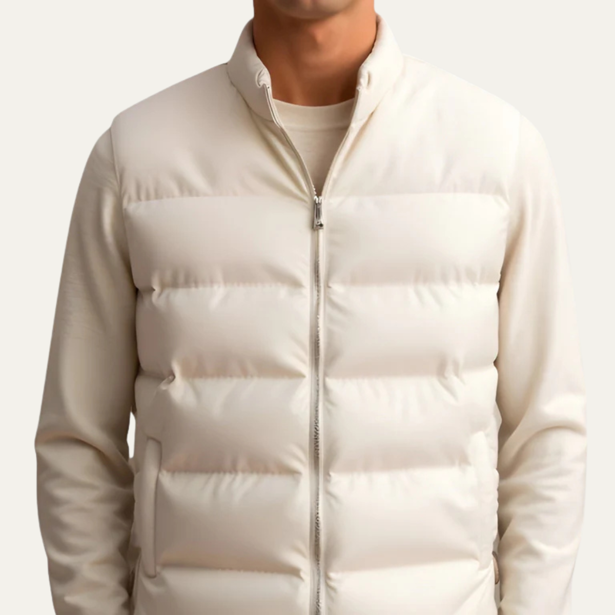 Beige lightweight down puffer vest, stand collar and zip-front quilted design