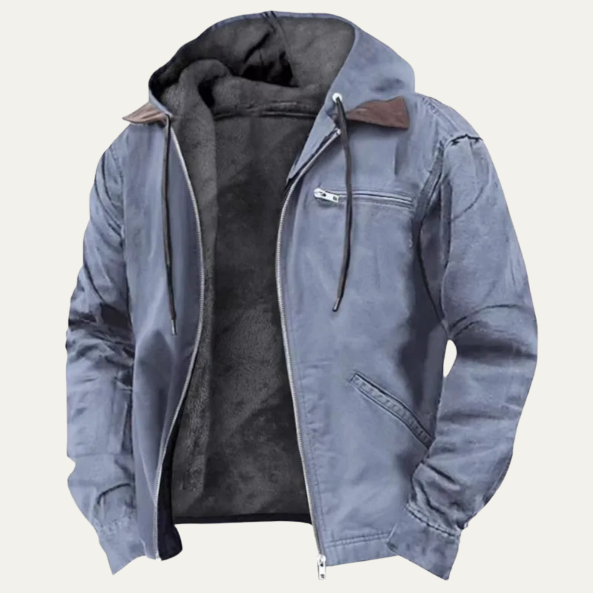 Navy blue fleece-lined hooded windbreaker jacket with full front zipper and zip pockets