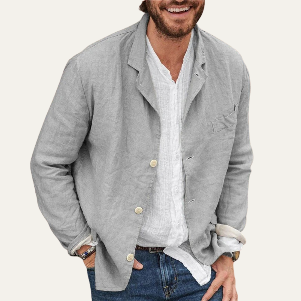 Men's lightweight blazer jacket, light gray with two-button front and notch lapels