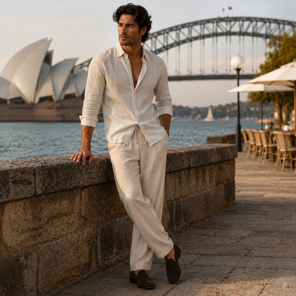Men’s linen elastic waist loose-fit pants, light color with drawstring