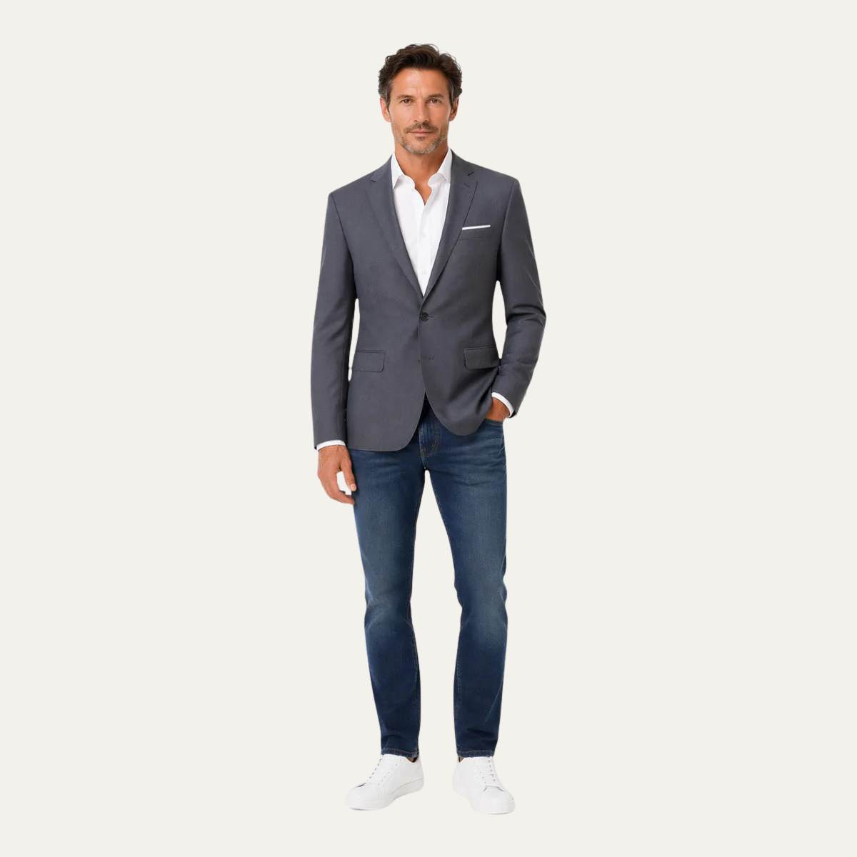 Men's classic single-breasted suit jacket, navy blue with notch lapels and chest pocket