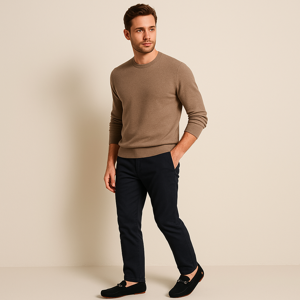 Dark suede smart loafers with metal buckle, worn with dark trousers