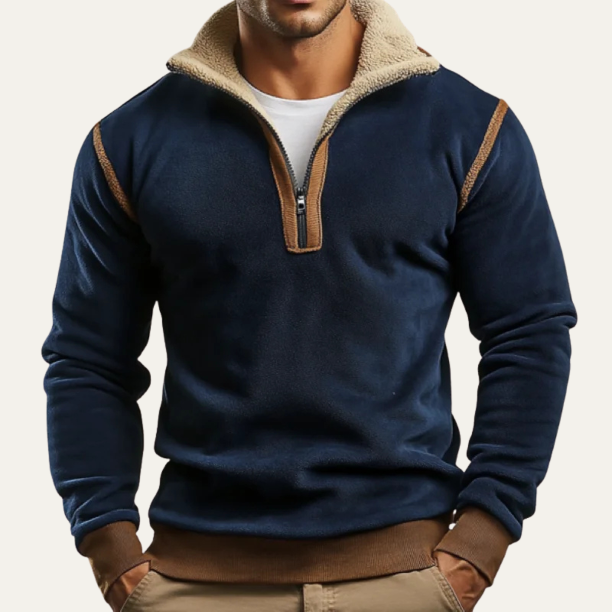 Men's navy sherpa-lined quarter-zip sweater with tan fleece collar and brown cuffs