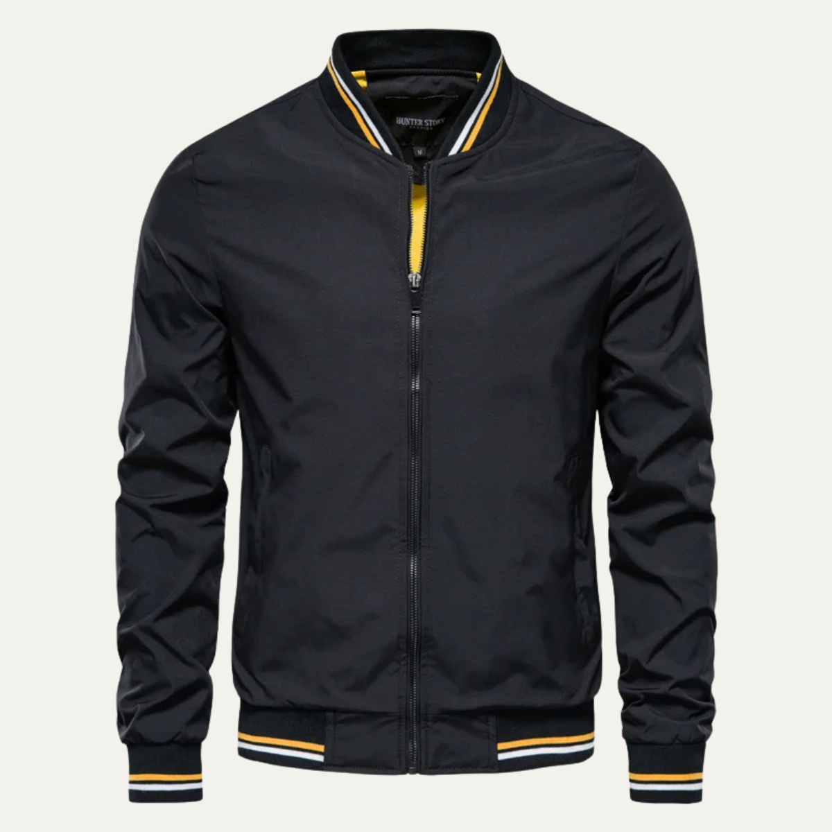 Men's lightweight bomber jacket, black zip-front with ribbed collar, striped cuffs and hem