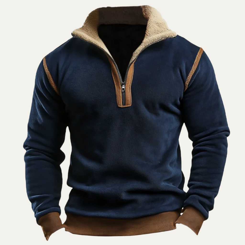 Men's navy quarter-zip sherpa-lined sweater with tan collar and brown hem cuffs