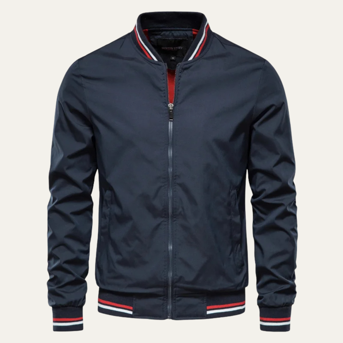 Men's lightweight bomber jacket, navy blue zip-front with red-and-white striped collar trim