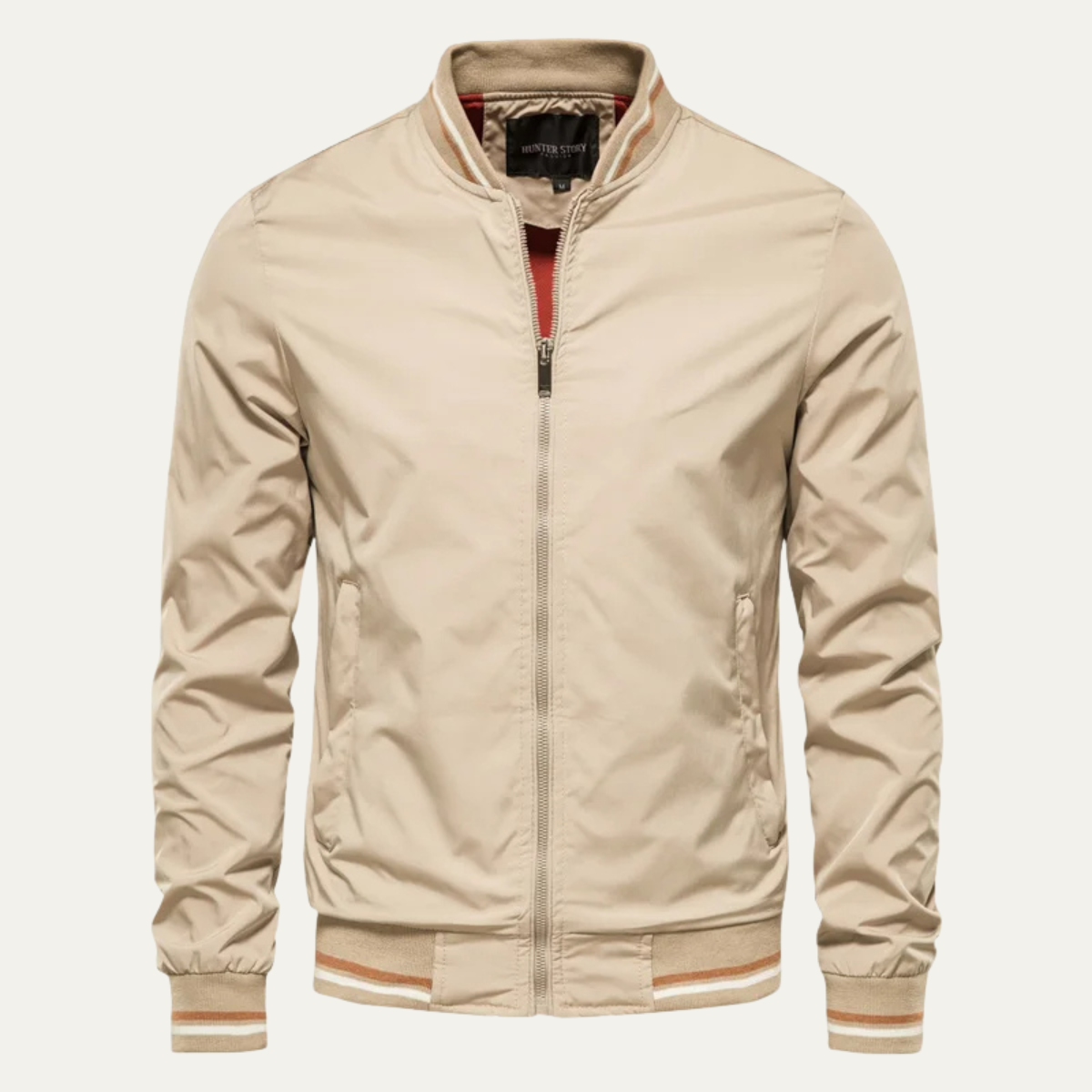 Men's lightweight bomber jacket, khaki/beige zip-front with ribbed trim and striped hem cuffs