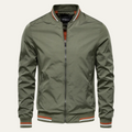 Men's lightweight bomber jacket, sage green zip-front with ribbed collar and striped cuffs