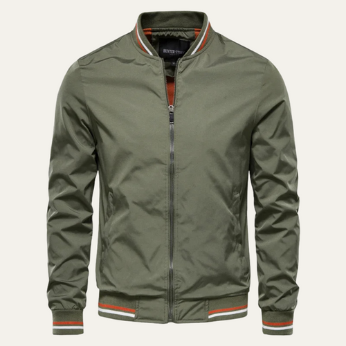 Men's lightweight bomber jacket, sage green zip-front with ribbed collar and striped cuffs