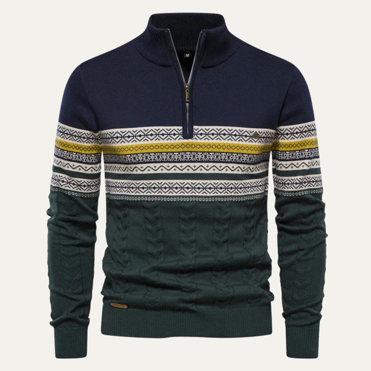 Men's quarter-zip cotton sweater in dark navy with Fair Isle knit across chest