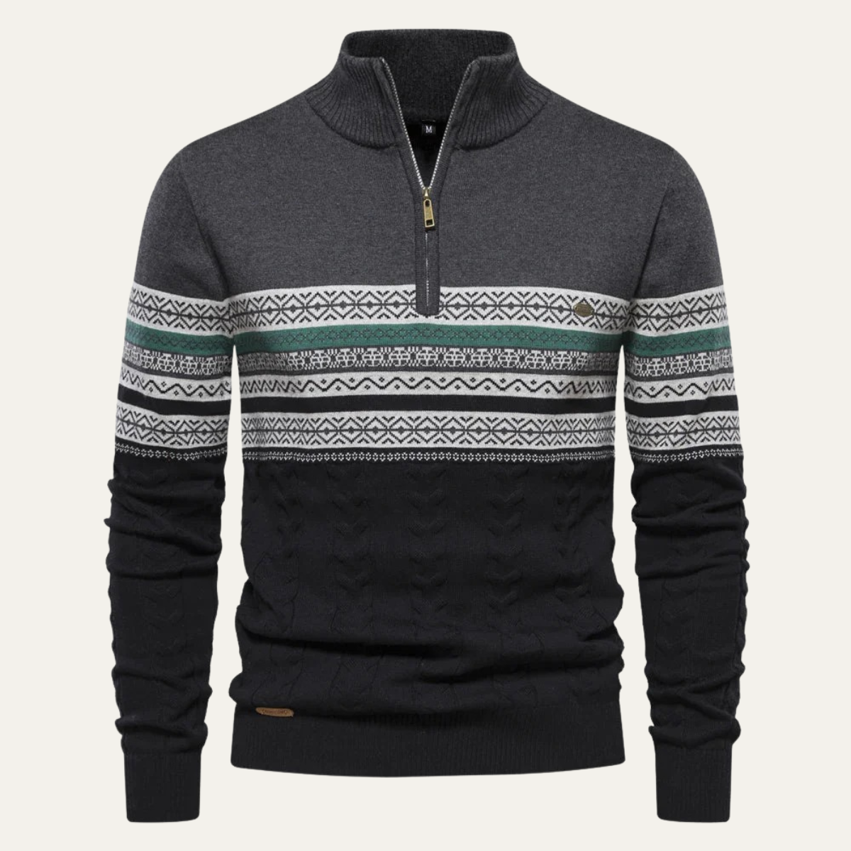 Men's quarter-zip cotton sweater in dark gray with Fair Isle knit chest panel