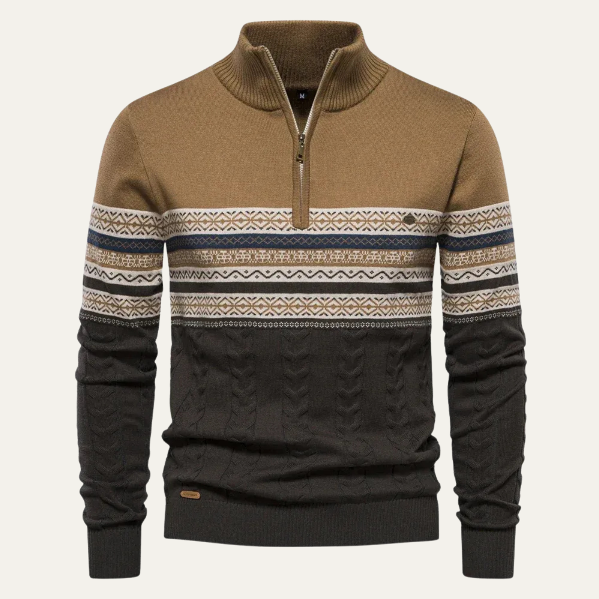 Men's quarter-zip cotton sweater in khaki with Fair Isle knit across upper chest