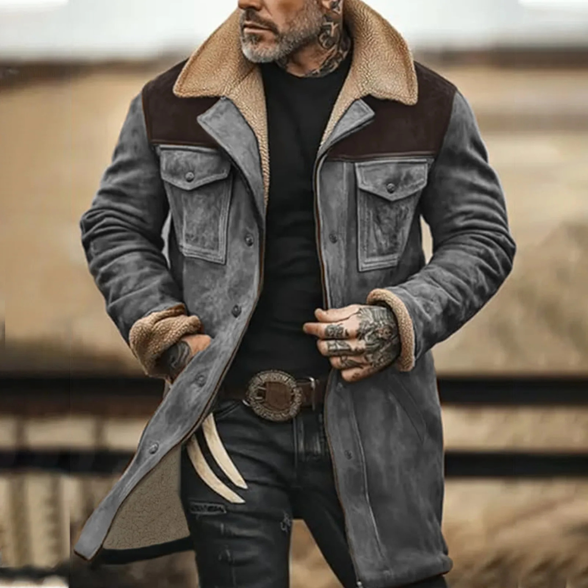 Suede sherpa-lined jacket in gray with brown-trim sherpa collar and chest pockets