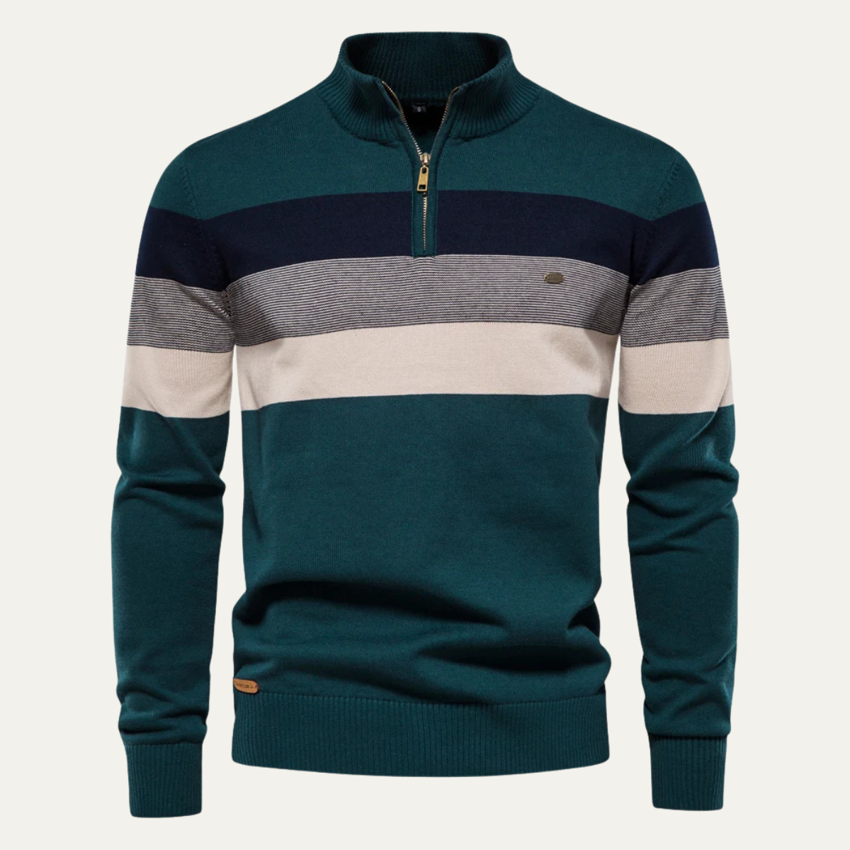 Teal mock-neck half-zip sweater with navy, gray, and white stripe patchwork
