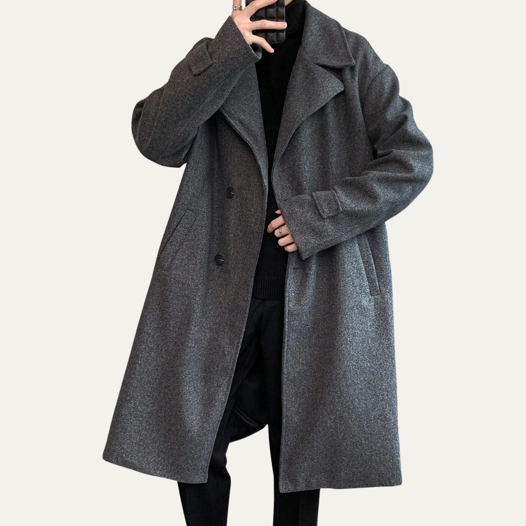 Gray wool overcoat with wide lapels and button-front styling