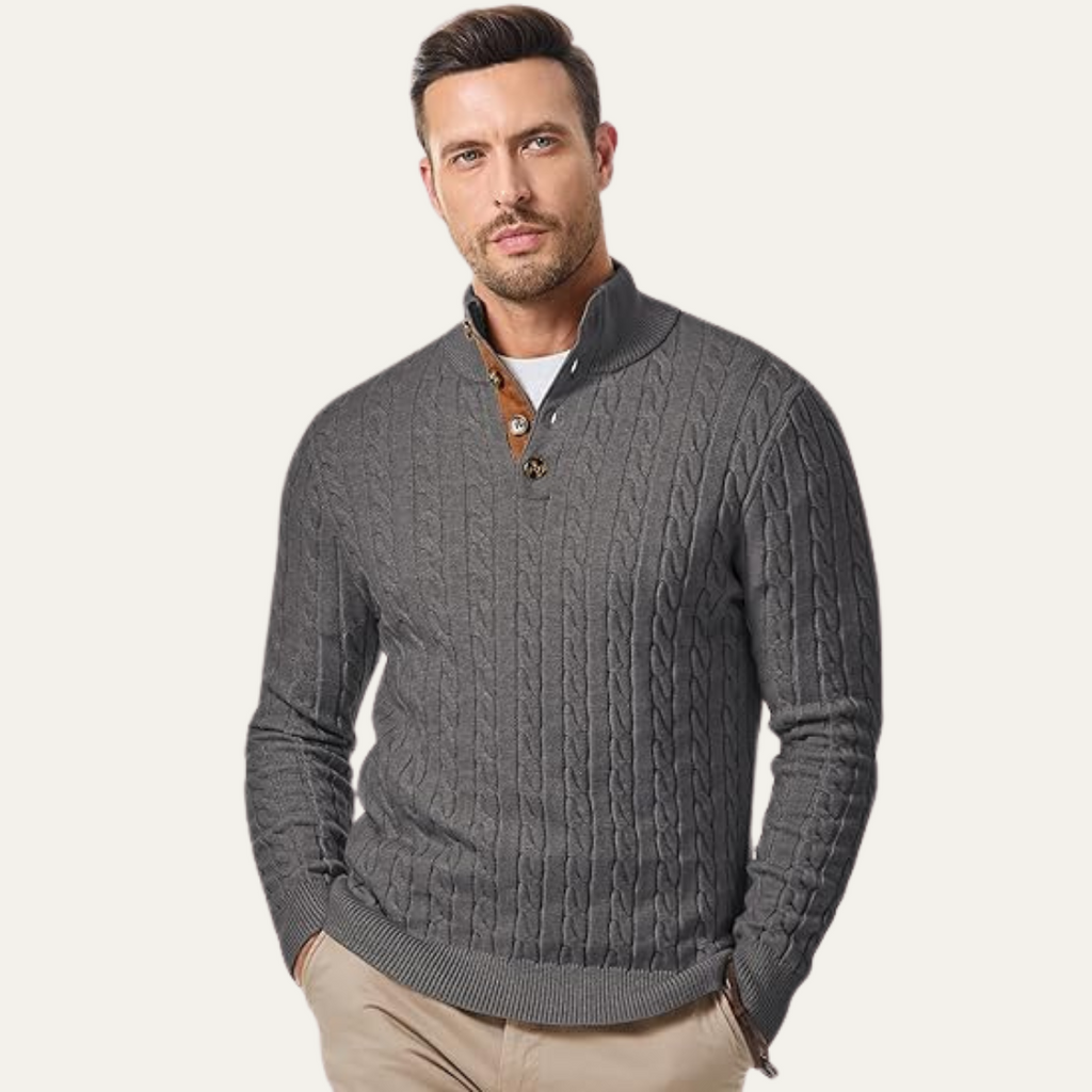 Men's dark gray cable-knit collar-stand sweater with brown button placket, long sleeves