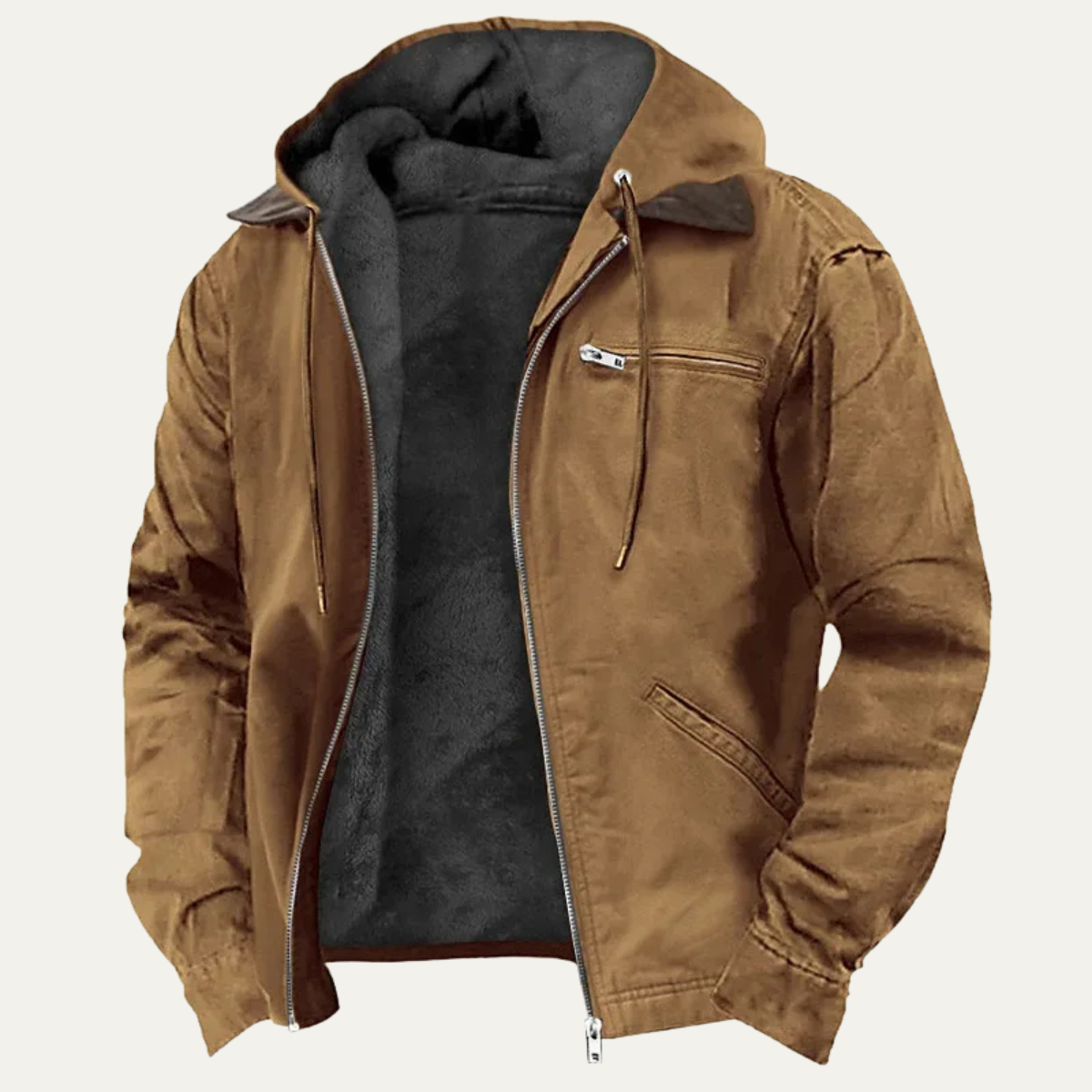 Camel fleece-lined hooded windbreaker jacket with full front zipper and side pocket