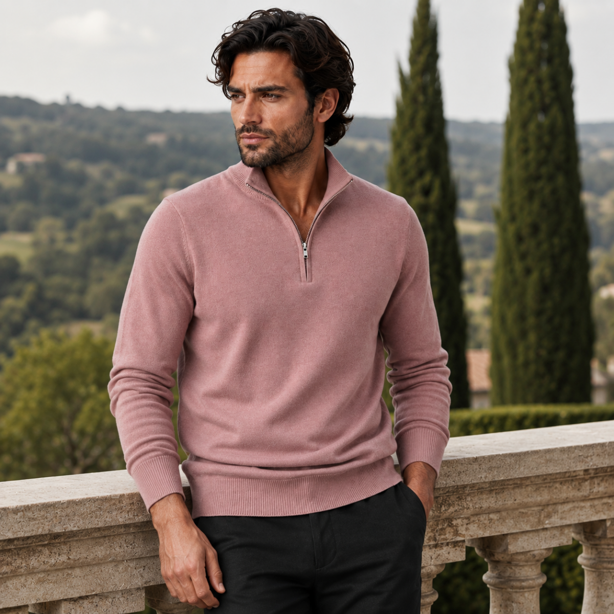 Quarter-zip mock neck sweater detail with silver zipper and knit collar