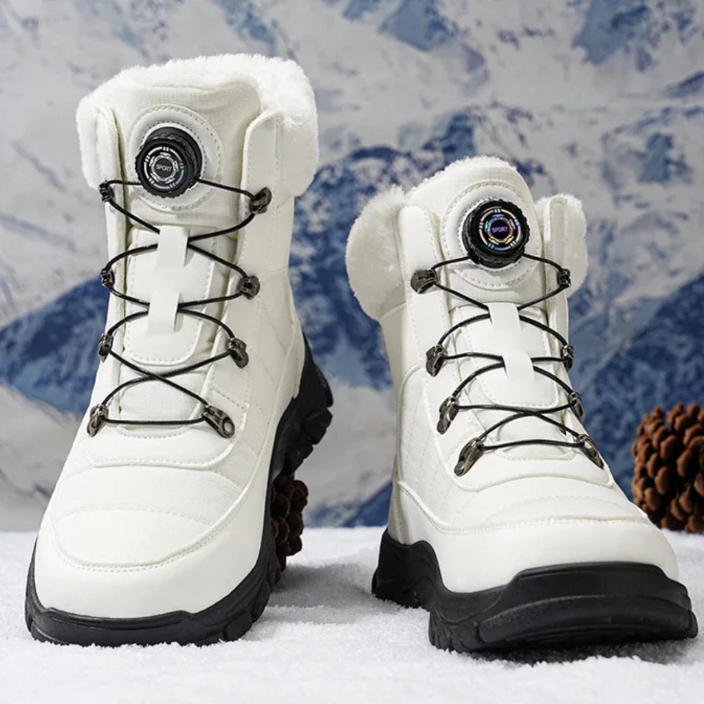Men's white snow boots, faux fur lining, round lace hardware, and rugged black outsole