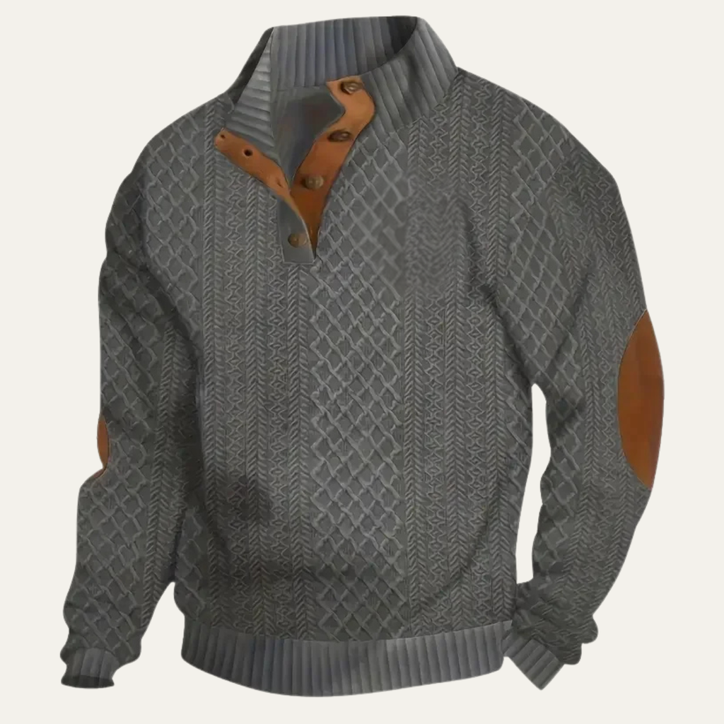 Men's patterned fleece sweater with suede elbow patches, buttoned henley placket, gray