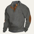 Men's patterned fleece sweater with suede elbow patches, buttoned henley placket, gray