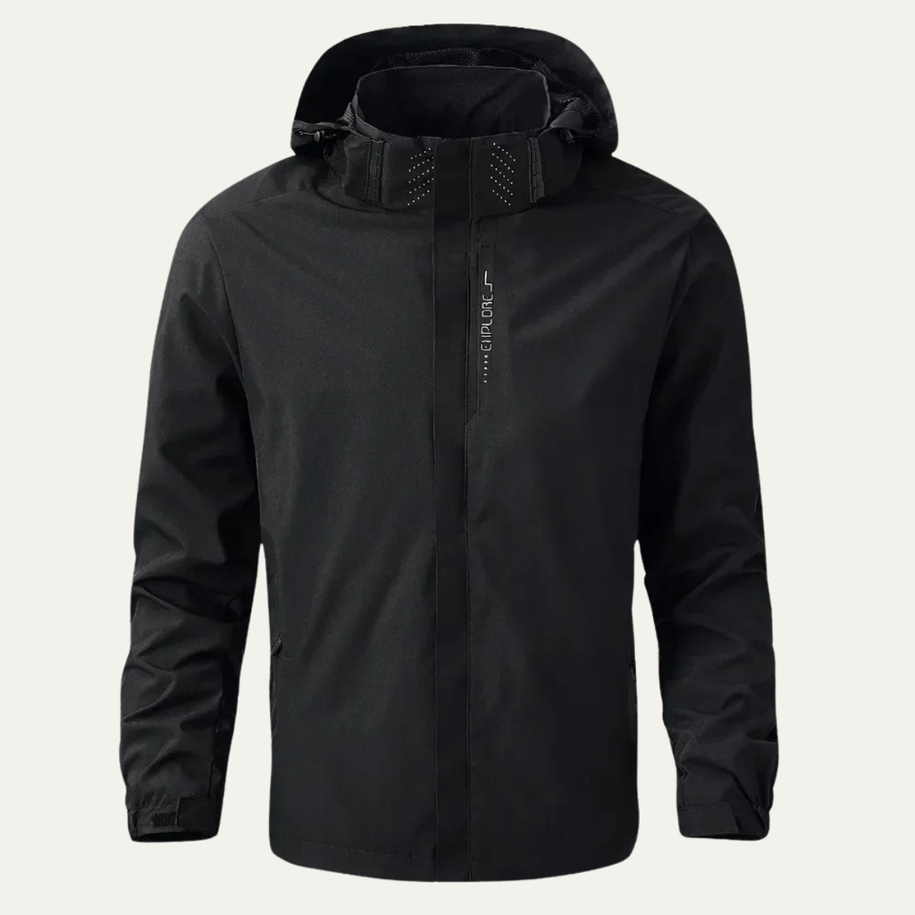 Black waterproof rain jacket with adjustable hood and front zip closure