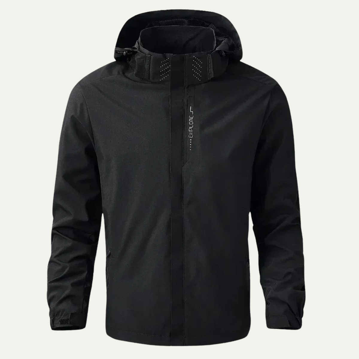 Black waterproof rain jacket with adjustable hood and front zip closure