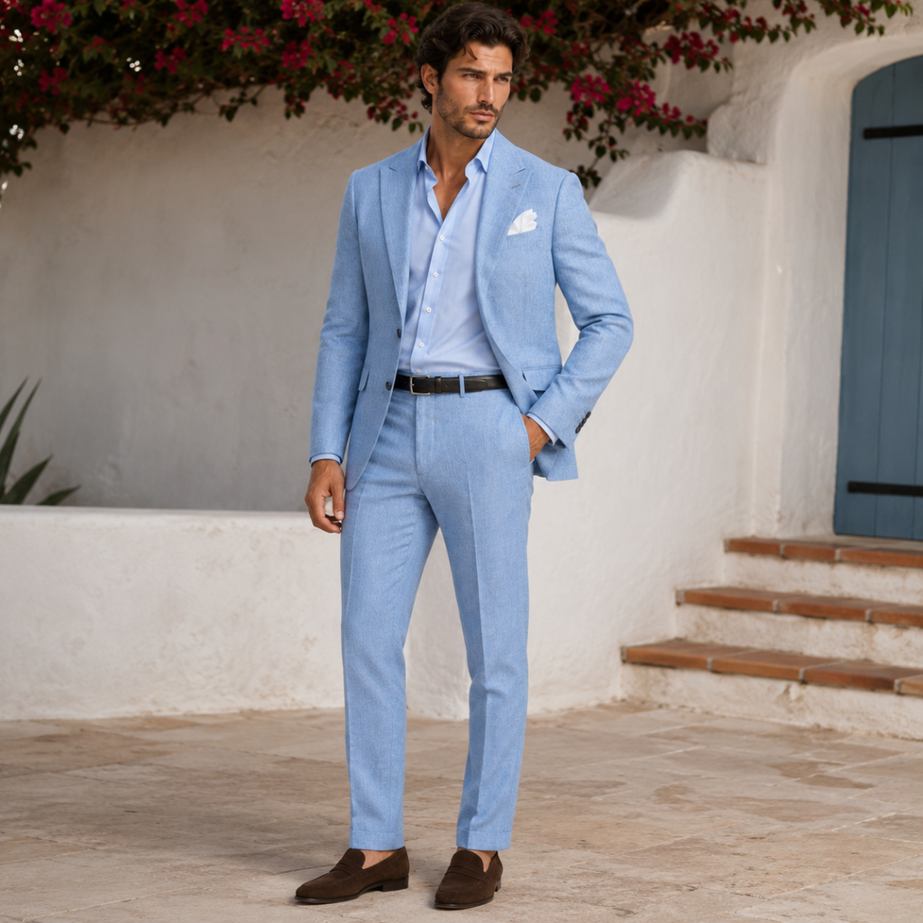 Men’s linen slim-fit 2-piece suit with light blue blazer and matching trousers