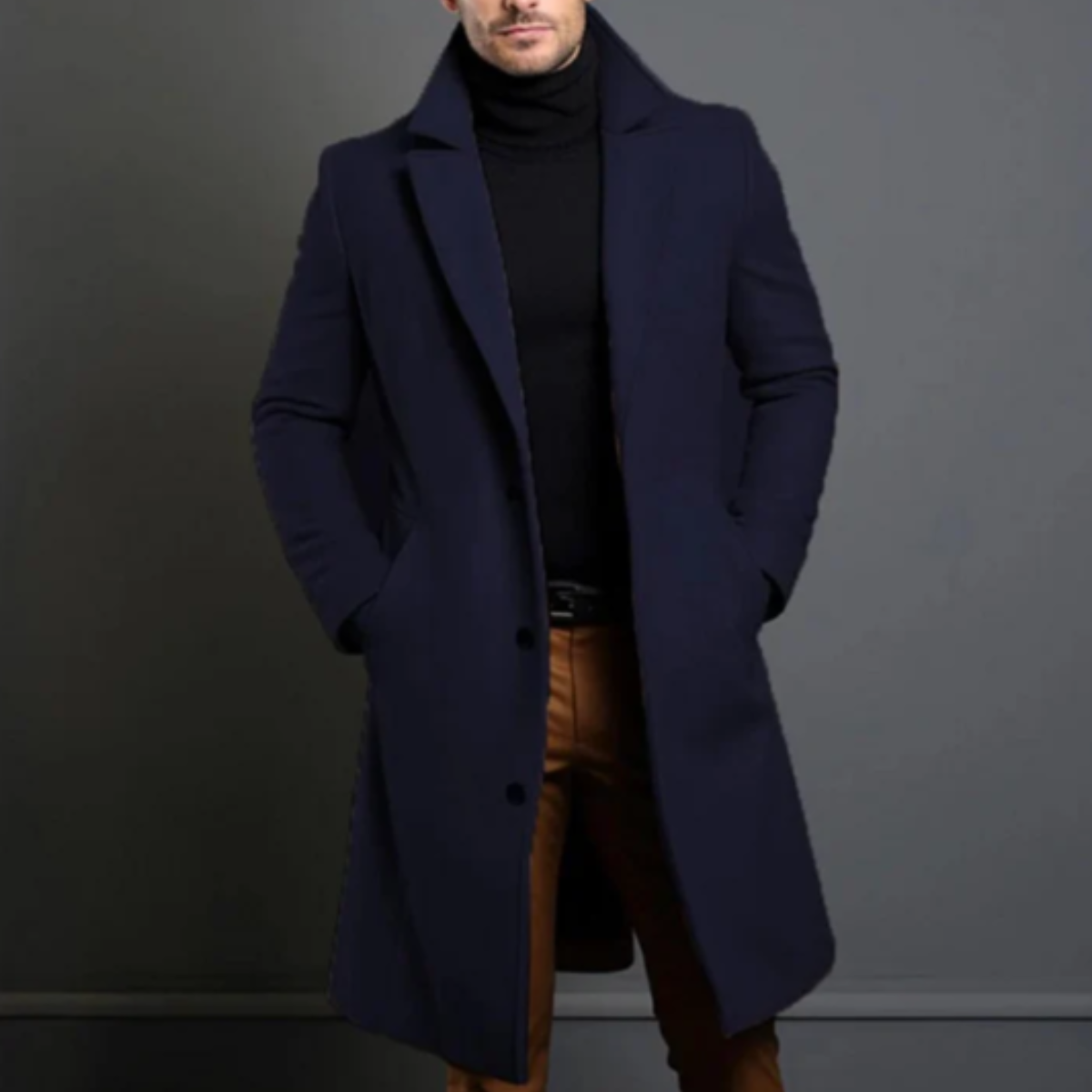 Men's navy wool overcoat worn open, notched lapels and button front