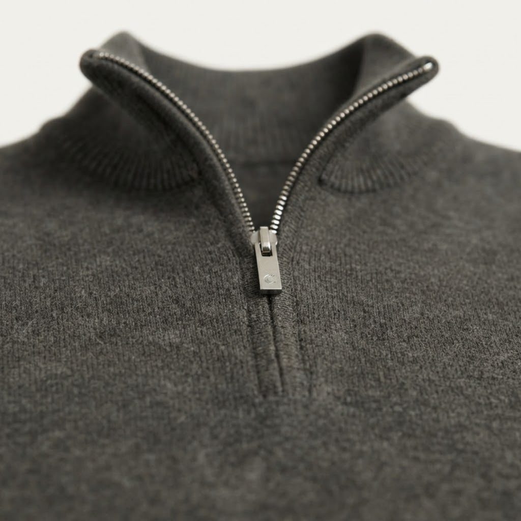 Quarter-zip knit sweater with silver zipper and ribbed collar