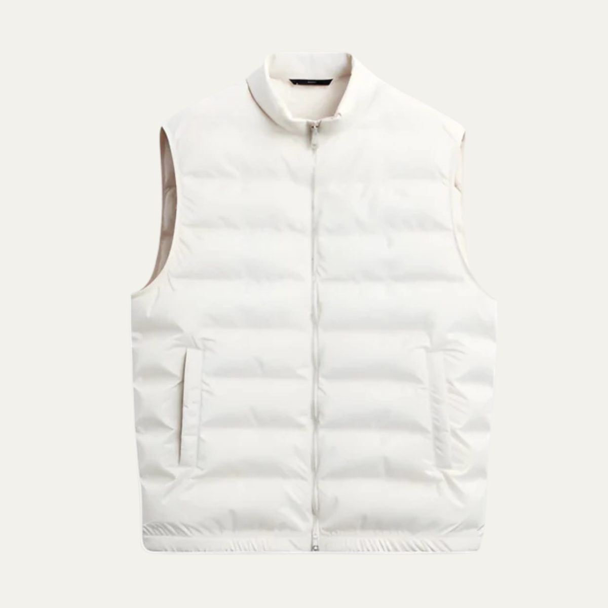 White lightweight down puffer vest with full-zip front and stand collar