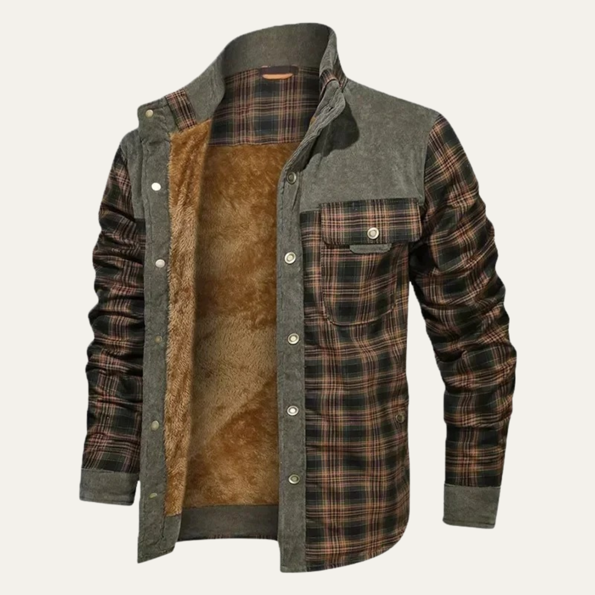 Men's warm plaid check jacket in olive gray with brown sherpa lining and button front