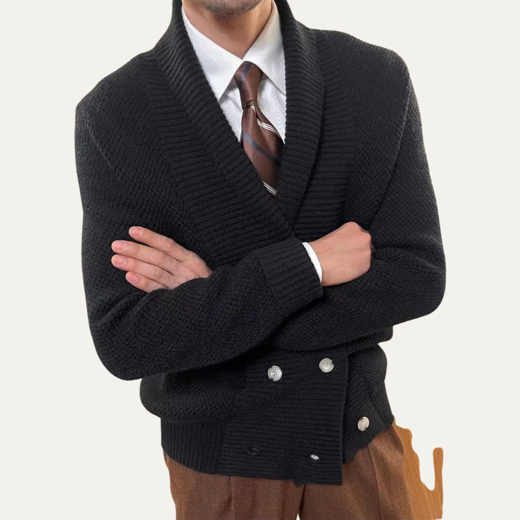 Black shawl-collar double-breasted cardigan, textured knit and metal buttons