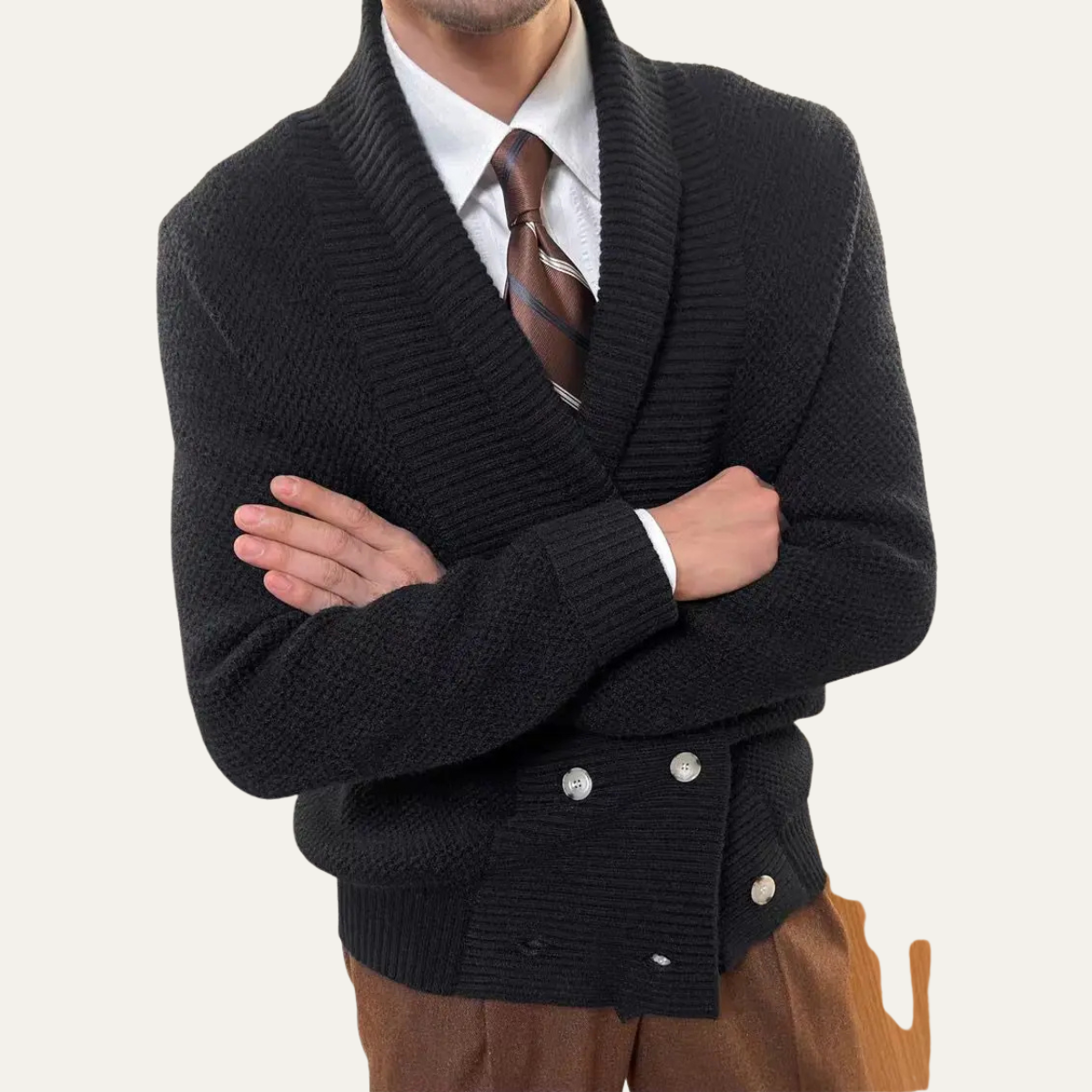 Black shawl-collar double-breasted cardigan, textured knit and metal buttons