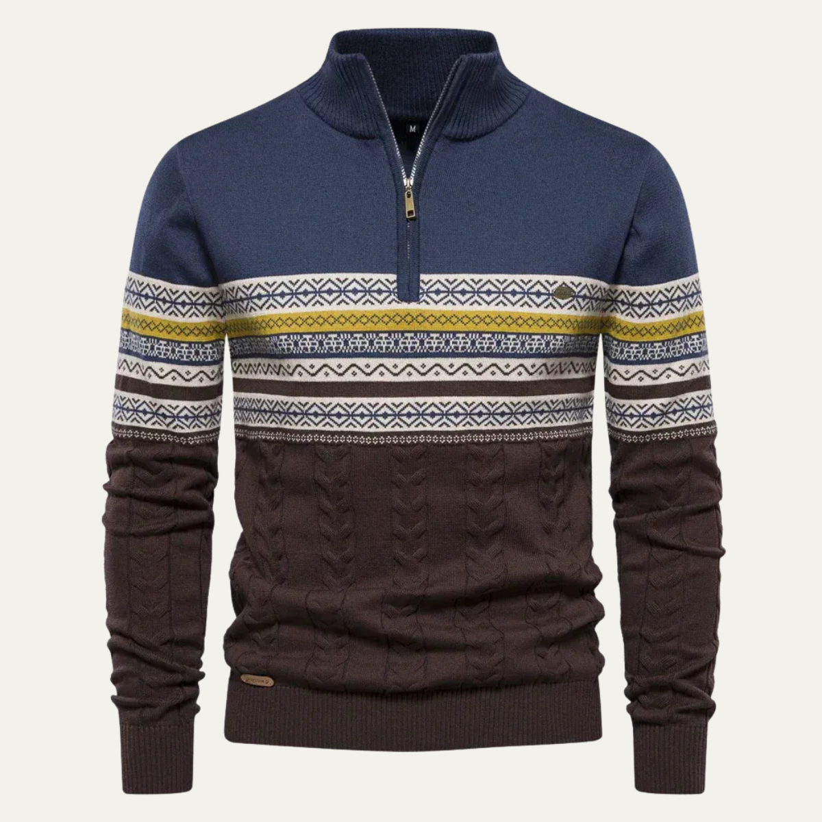 Men's quarter-zip cotton sweater with Fair Isle yoke, navy and dark brown knit