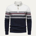 Men's quarter-zip cotton sweater in white and dark navy Fair Isle knit pattern